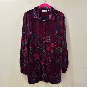 Belle Kim Gravel Top Shirt Velvet Womens S Red Burnout Floral Print Long Sleeve